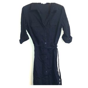 Navy blue shirt dress with waist tie